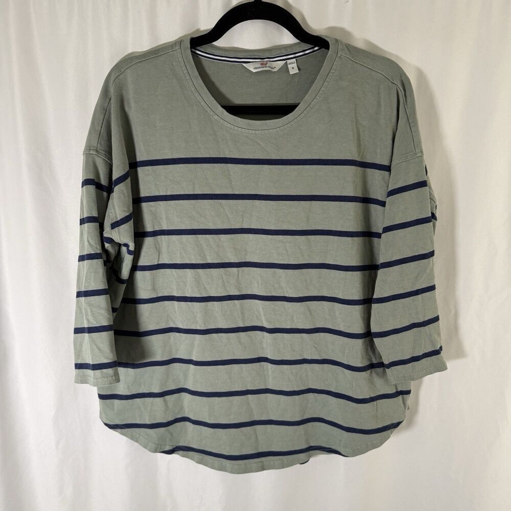 Vineyard Vines Shirt Women Small Green Blue Striped Round Neck 3/4 Sleeve Cotton